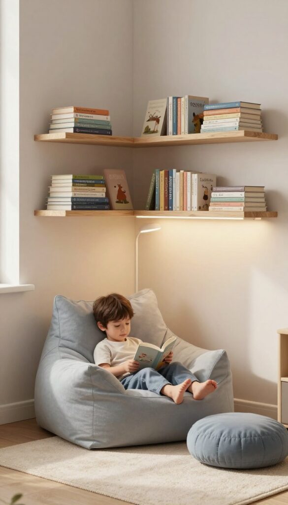 Cozy corner reading nook in a small boy's bedroom with a bean bag chair, floor cushion, warm floor lamp, floating bookshelves, and a soft rug in bright natural light