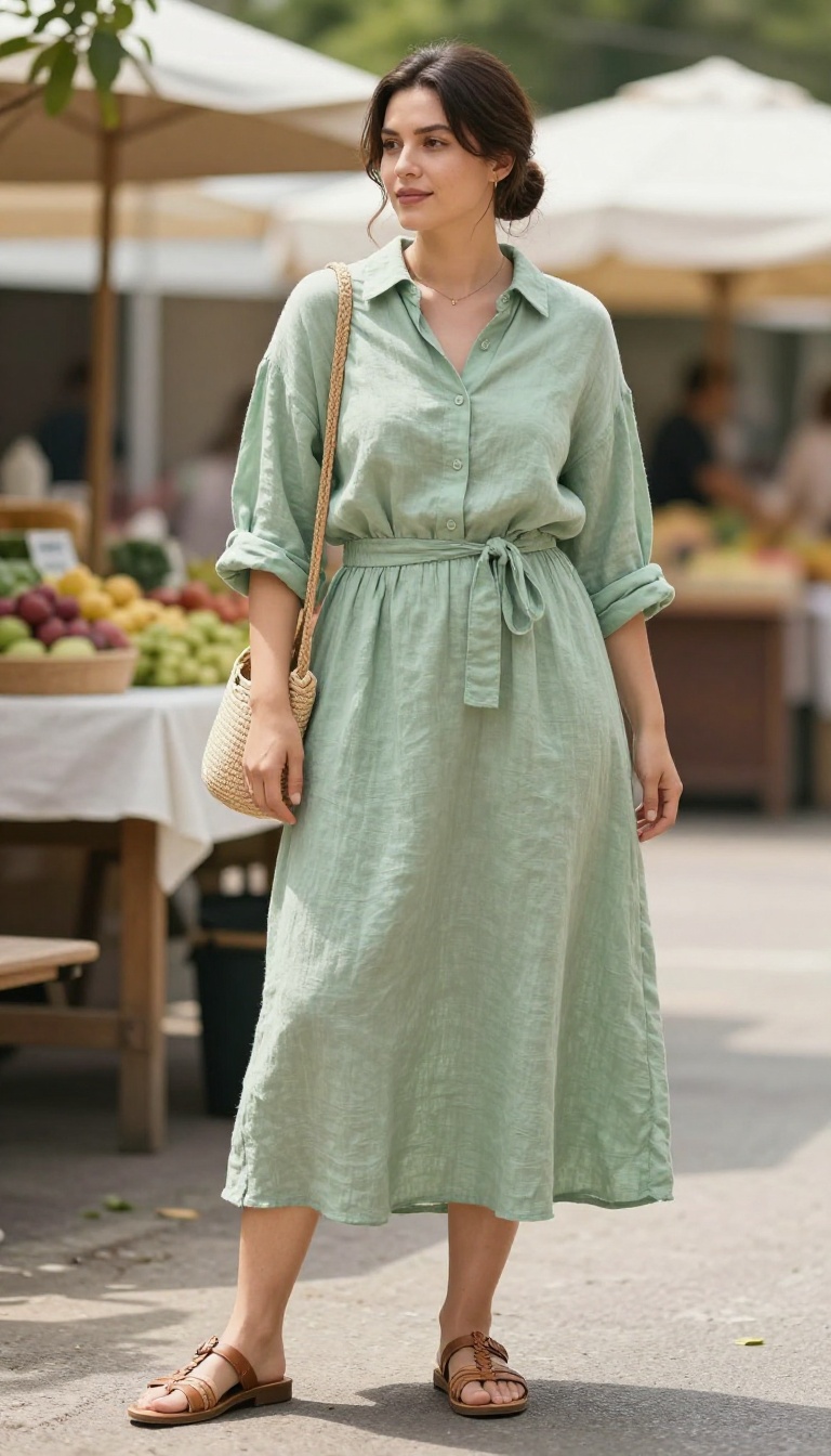 10. Linen-Blend Long Skirt with a Linen Shirt