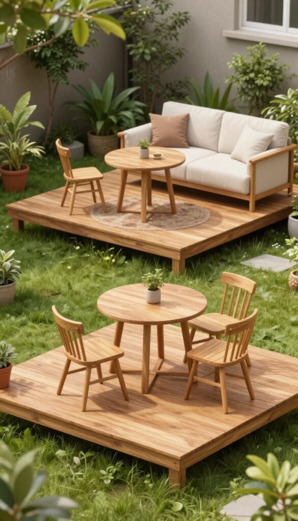 Two staggered floating wooden decks at different heights in a small backyard, one set up for dining and the other as a lounge area, surrounded by grass and plants in bright natural light