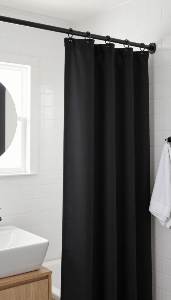 Bright modern bathroom with a bold matte black fabric shower curtain, white subway tiles, natural light, and minimalist styling.