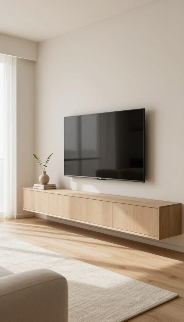 Modern living room with a wall-mounted TV above a sleek flat-front media console with closed hidden storage cabinets in bright natural light