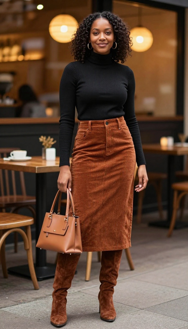 8. Corduroy Skirt with a Turtleneck and Knee-High Boots