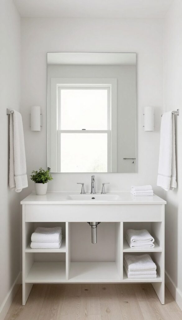 Bright square bathroom with a centered vanity, matching mirror and sconces, and symmetrical decor creating a calm balanced look