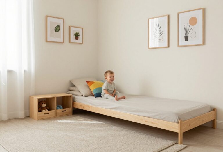 Bright toddler boy bedroom with a low platform bed, soft rug, and open toy storage in a clean playful setup