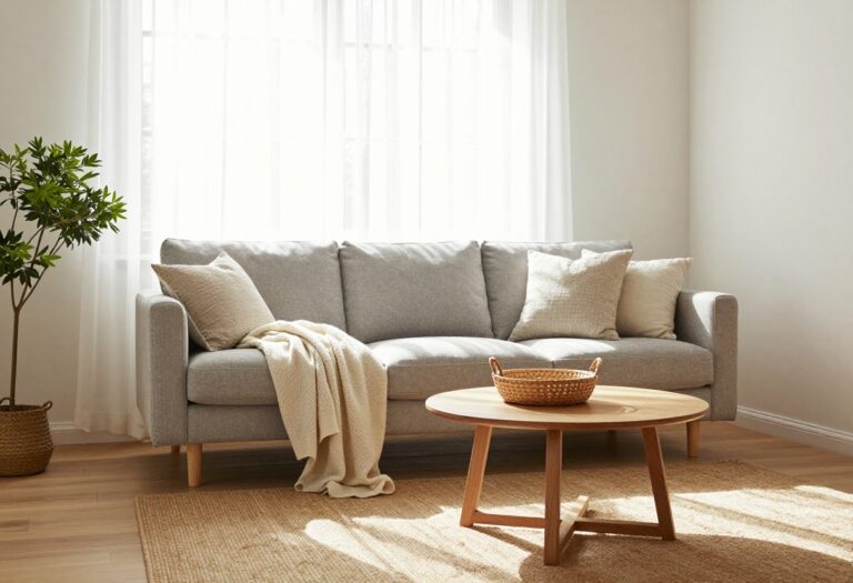 Cozy small living room with a floated sofa, warm rug, and bright natural light