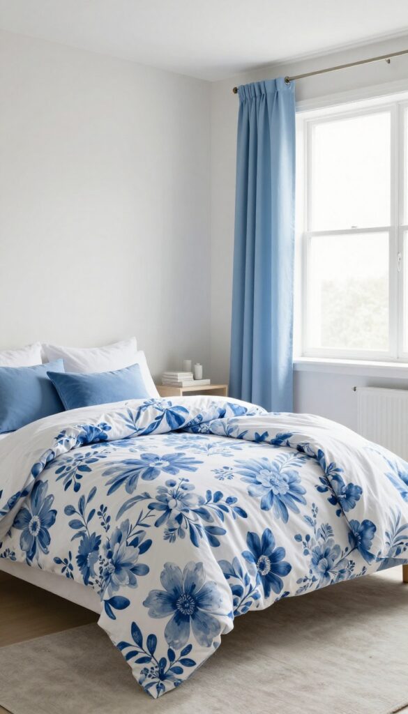 Bright bedroom with oversized blue floral bedding on a white duvet, solid blue pillows, and minimal calm decor in natural light
