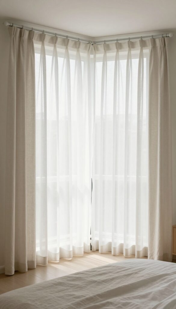 Bright bedroom bay window dressed with floor-to-ceiling white linen curtains on a curved rod, letting in soft natural light