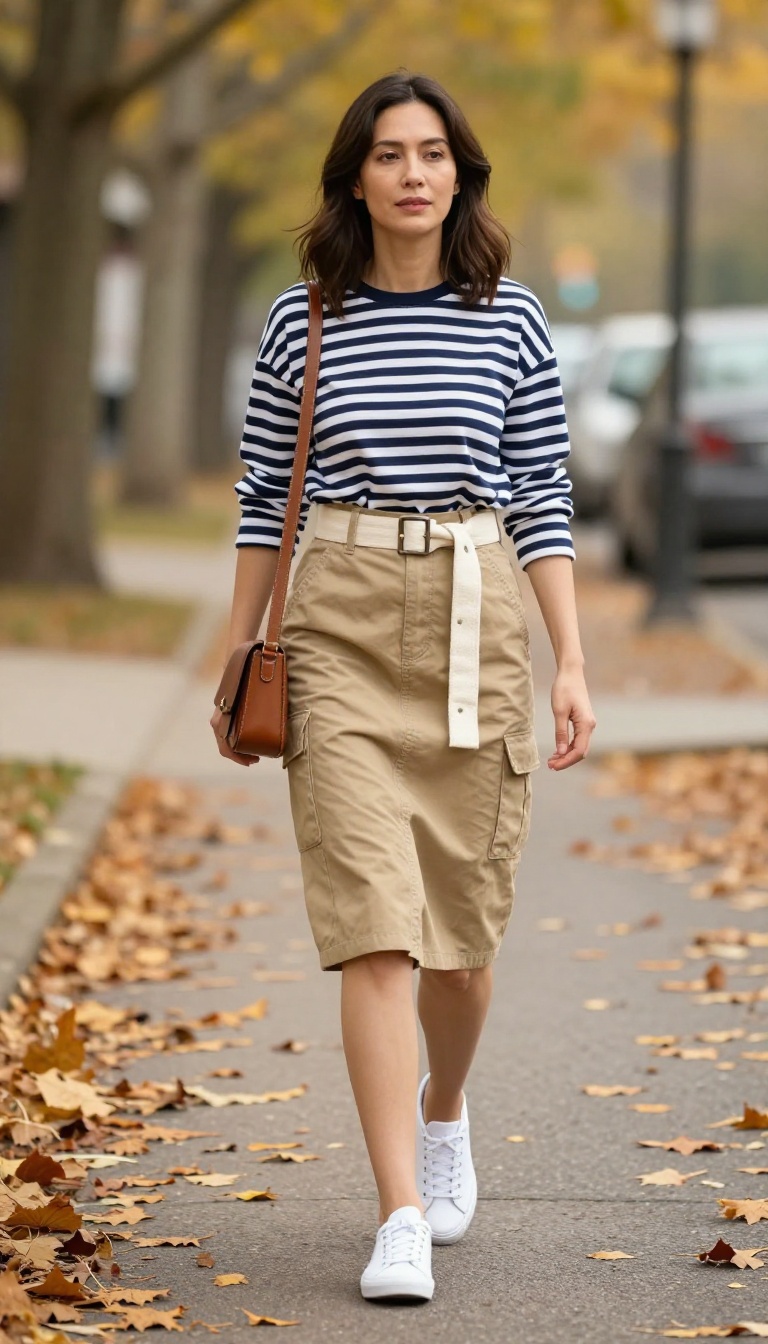 9. Utility Skirt with a Canvas Belt and Striped Tee