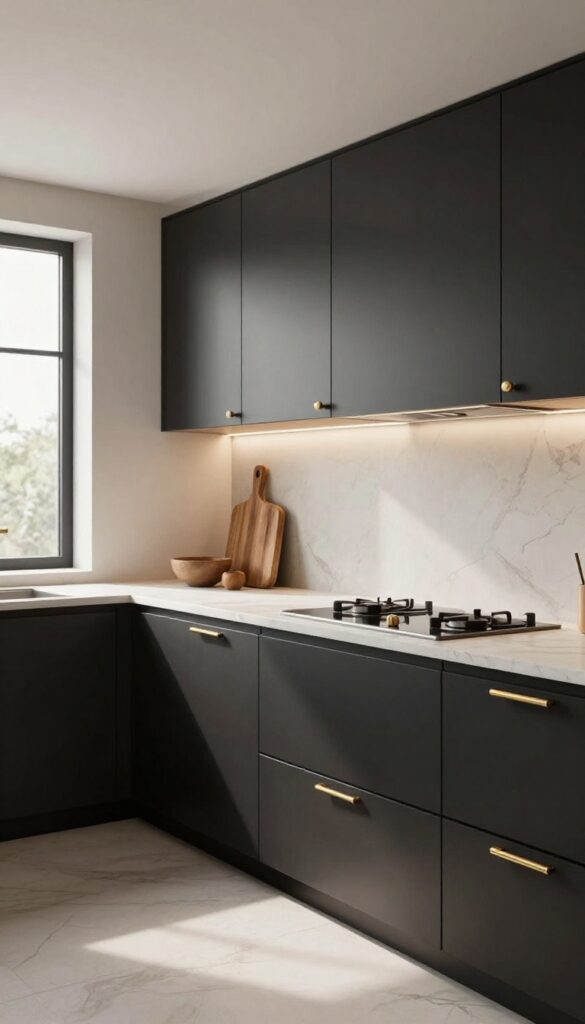 Luxe kitchen with matte black cabinets, brushed brass hardware, light marble countertops, neutral backsplash, and warm wood accents in bright natural light