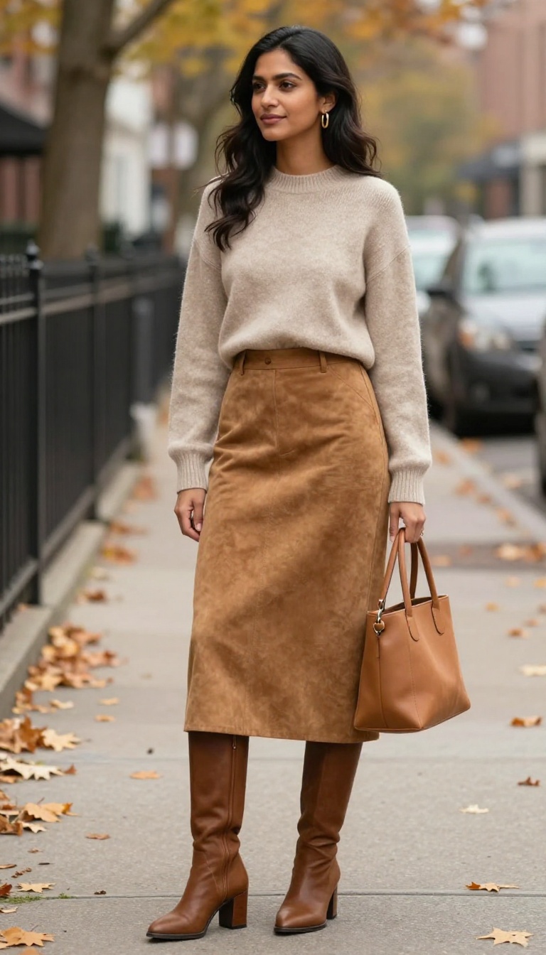 12. Faux Suede Skirt with a Tunic Sweater and Tall Boots