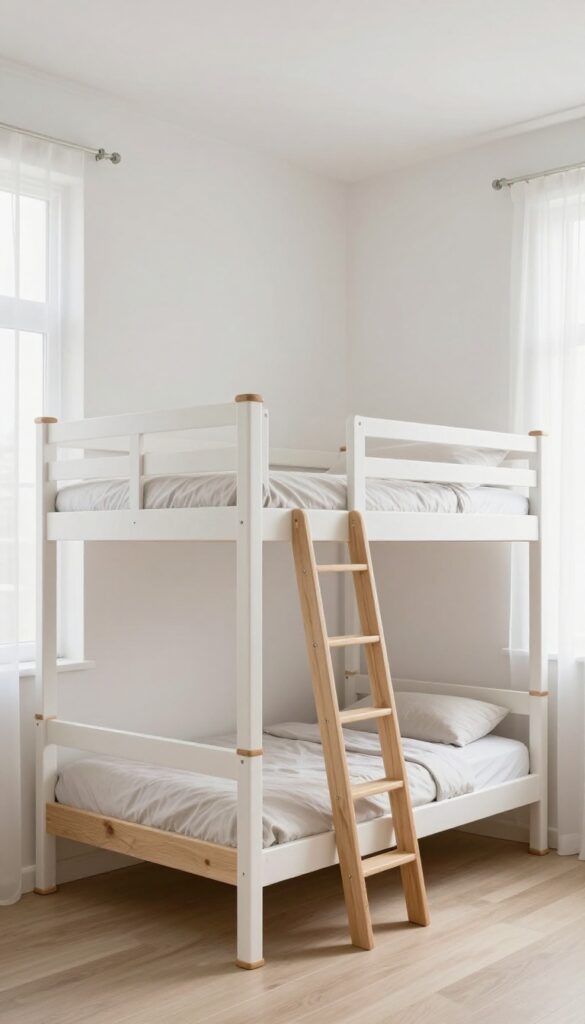 Bright tall bedroom with a wooden triple bunk bed stacked three levels high, guard rails, wall reading lights, and a secure ladder, styled with light neutral bedding and minimal decor.