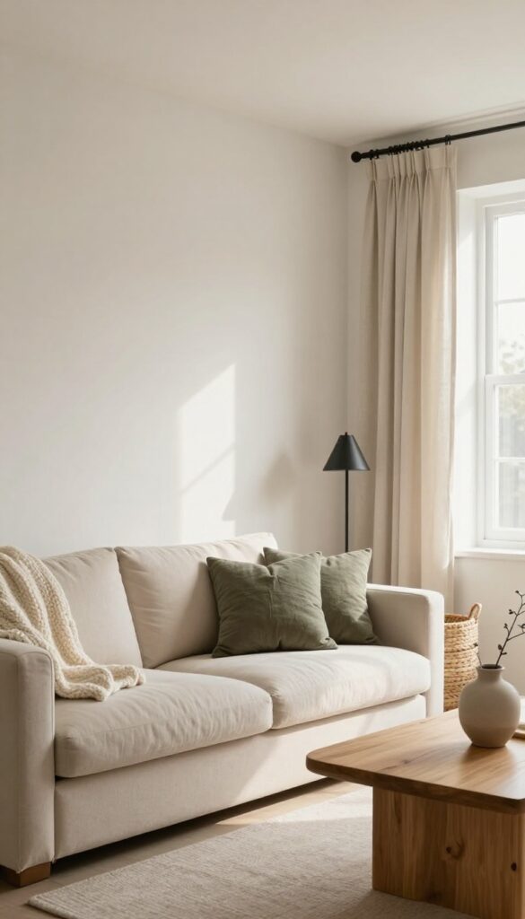 Small bright living room with a tight beige and warm white color palette, olive-green accent pillow, light oak furniture, black metal lamp, linen curtains, and a chunky knit throw, styled to feel calm and spacious.