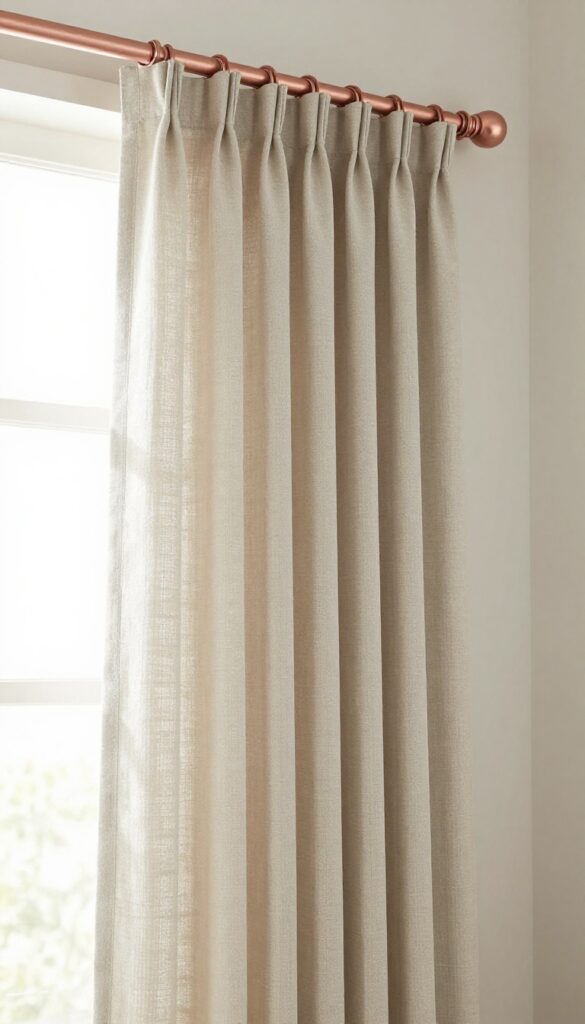 Rose gold curtain rod with light neutral curtains mounted above a bright bedroom window, styled with clean cylindrical finials and soft natural daylight