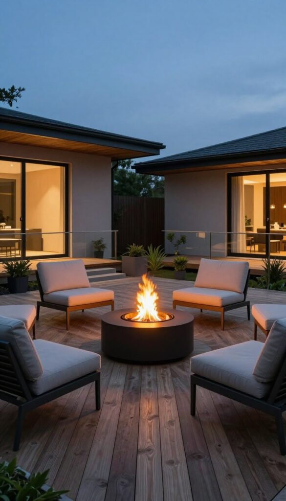 A backyard deck with a central gas fire pit surrounded by low-profile neutral cushioned seating arranged in a circle, glowing warmly at dusk against the back of a modern house.
