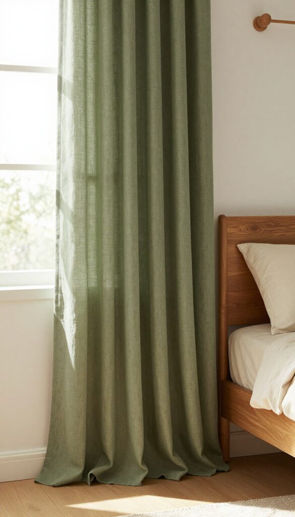 Bright bedroom with floor-length olive green linen curtains on a wooden rod beside warm wood furniture and neutral bedding, styled in an earthy palette.