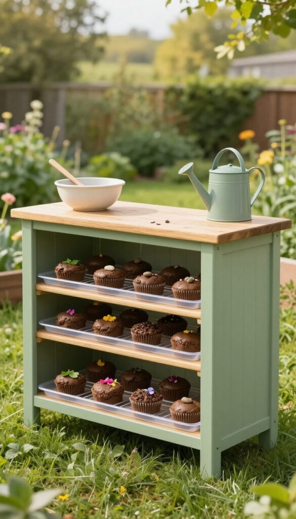 A low sage green wooden shelf in a sunny garden holding trays of mud pies and mud cupcakes drying like baked goods beside a rustic outdoor mud kitchen counter.