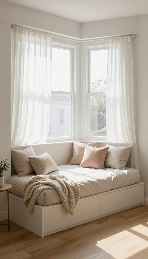 Bright bedroom bay window with a built-in daybed featuring neutral bedding, decorative pillows, and layered blankets in soft natural light
