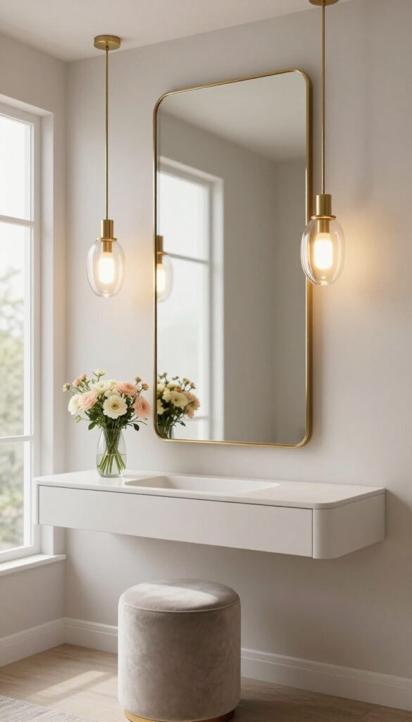 Modern luxury bedroom vanity with a centered mirror and two small glass and gold pendant lights hanging on each side in bright natural light