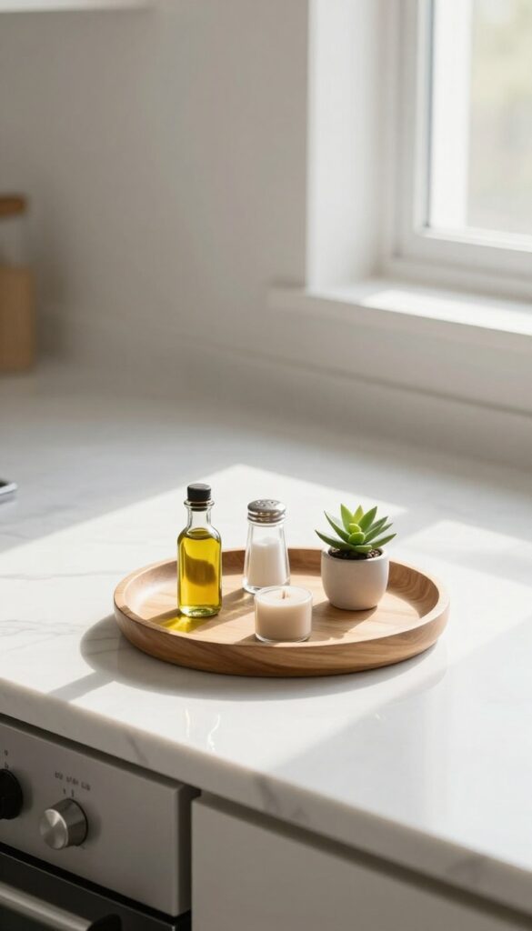 A bright small kitchen counter with a single round wooden tray holding olive oil, salt, pepper, a candle, and a small plant, while the rest of the countertop stays clear and uncluttered.