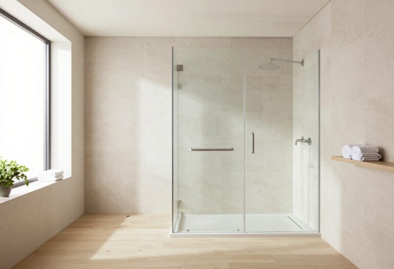 Bright modern bathroom with a frameless glass walk-in shower, neutral tile walls, natural light, and minimal clean styling