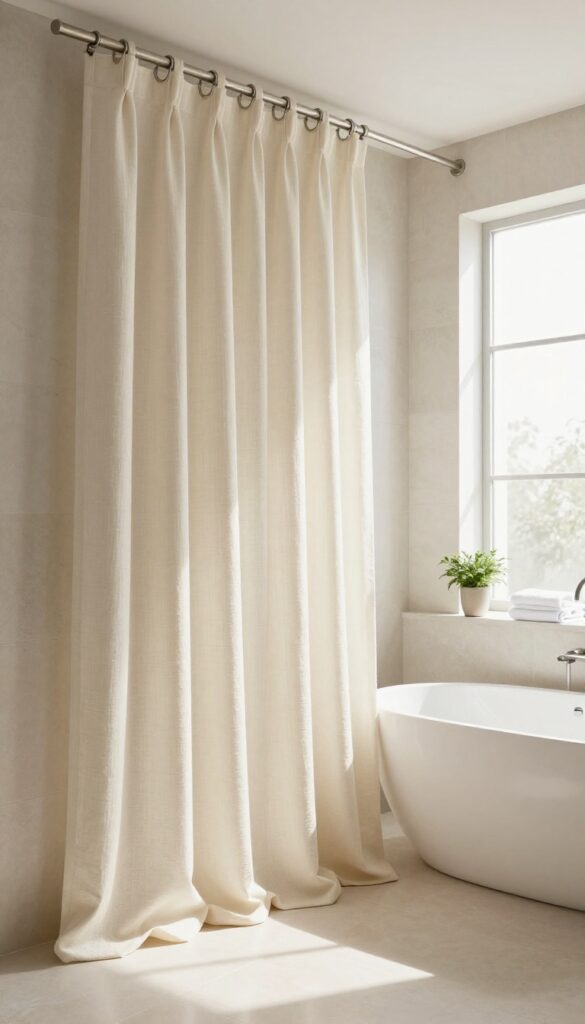 Elegant bathroom with a long cream linen shower curtain hung high on a curved rod, styled like custom drapery in bright natural light