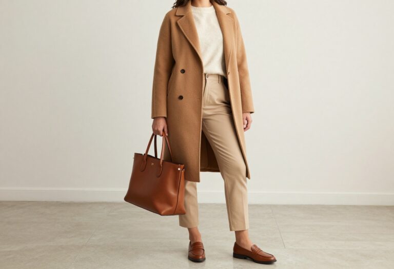 Woman wearing a camel coat and tailored trousers in a bright living room