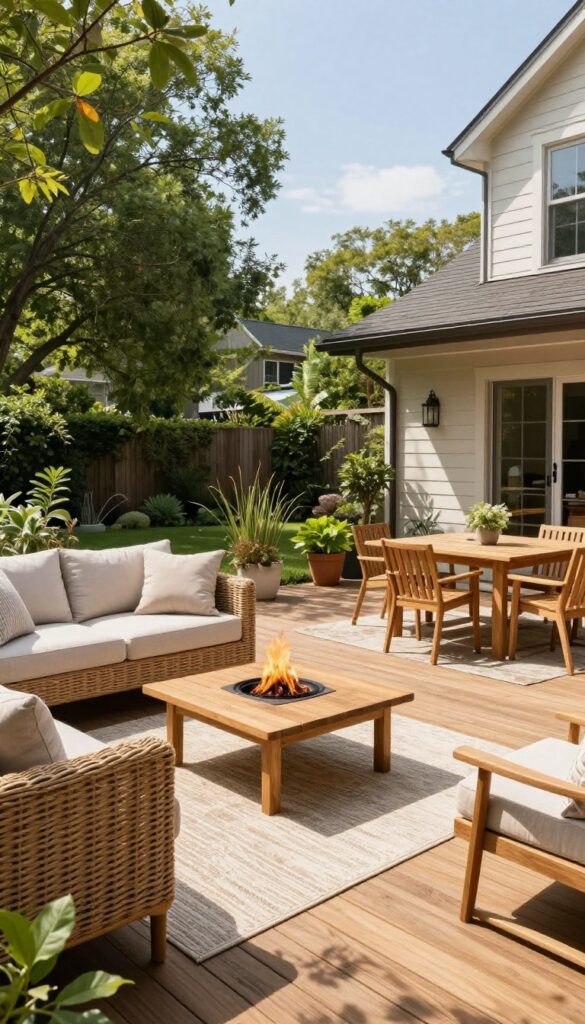 Sunlit backyard wooden deck divided into a wicker lounge zone with a fire pit and a separate dining zone on outdoor rugs, with an open walking path between them.