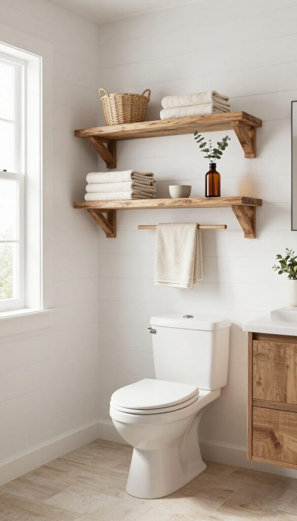 Small rustic bathroom with thick reclaimed wood floating shelves above a white toilet, styled with folded towels, a woven basket, and dried eucalyptus in bright natural light.