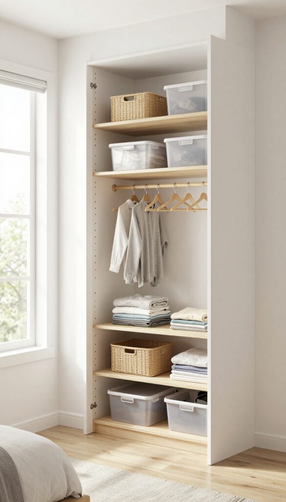 Bright guest bedroom closet with open space, matching wooden hangers, a small basket of folded clothes, a luggage tray, and clear storage bins on shelves.