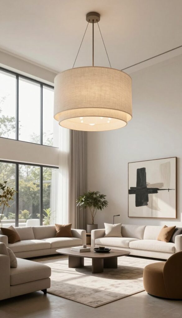 Oversized drum shade chandelier hanging in a bright, modern living room with neutral furniture and natural light.
