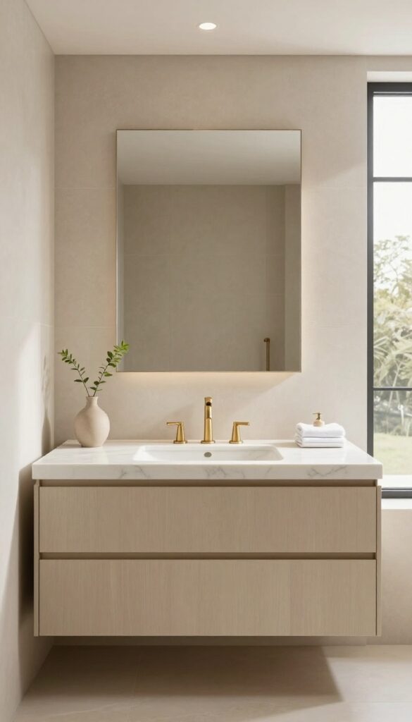 Bright spa-like bathroom with a custom-looking slab-front vanity, thick white quartz countertop, brass hardware, and a tall faucet, styled minimally with natural light.