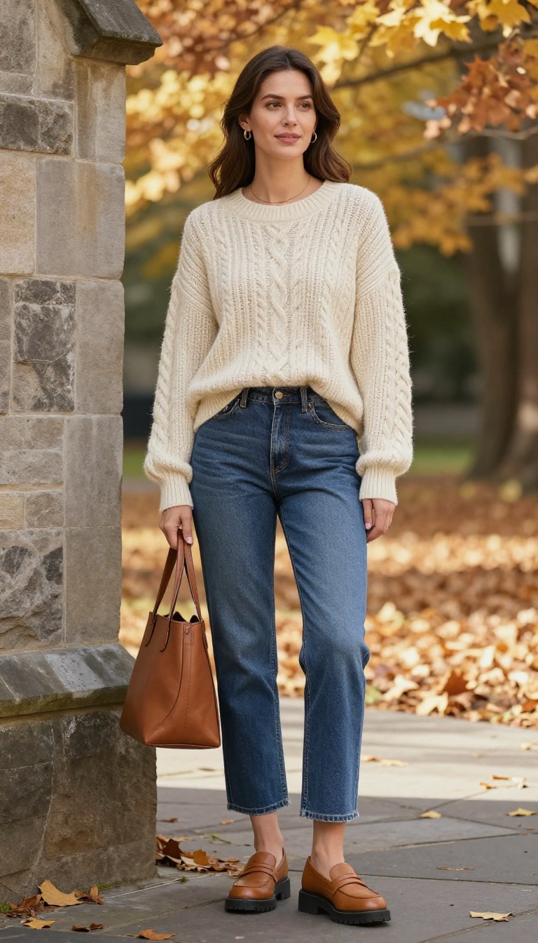 2. Oversized Cable-Knit Sweater with Straight-Leg Jeans and Loafers