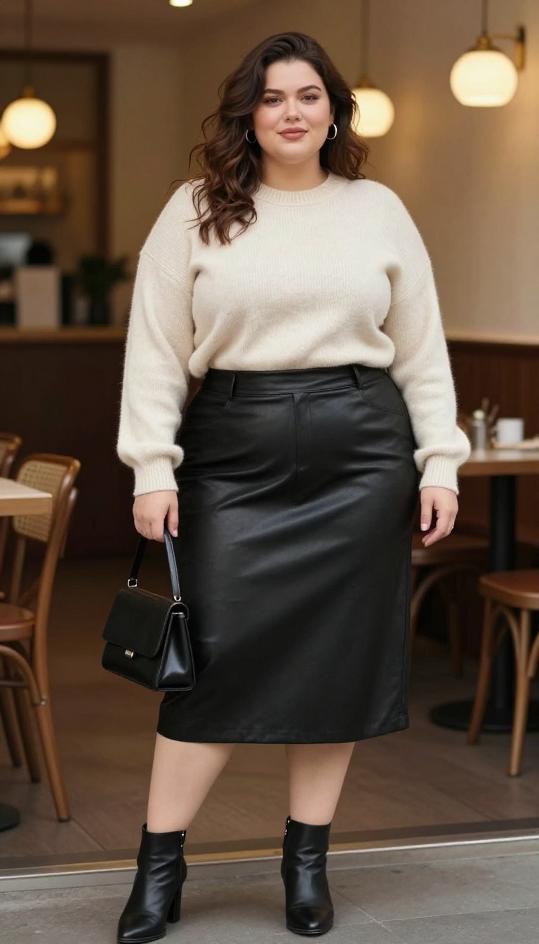 10. Black Leather Skirt with a Cashmere Crewneck and Heeled Boots