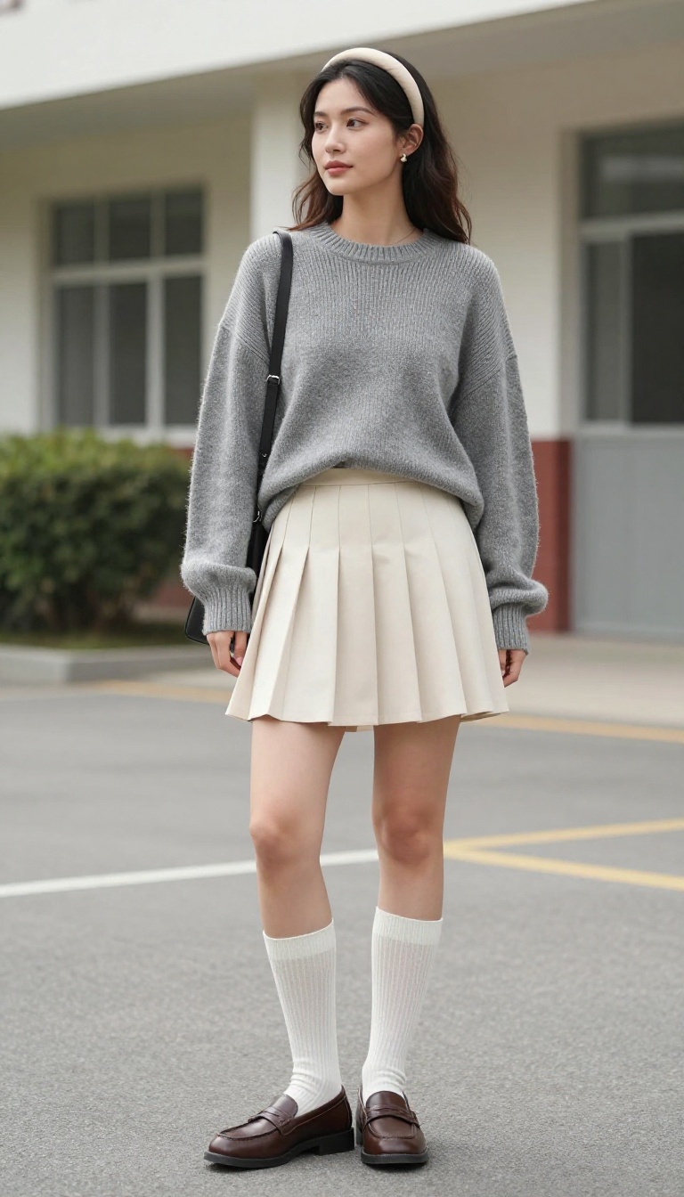 3. Pleated Mini Skirt + Oversized Sweater + Knee-High Socks