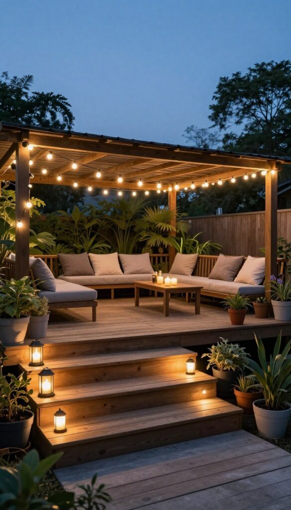 A warmly lit backyard deck at dusk with string lights overhead, glowing solar lanterns on steps and tables, and soft stair lighting creating layered outdoor ambiance
