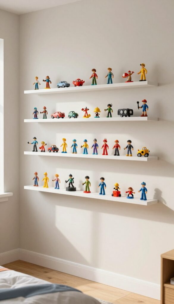 Small boy's bedroom wall with white floating picture ledges displaying neatly grouped action figures and collectible toys, with open wall space between shelves in bright natural light