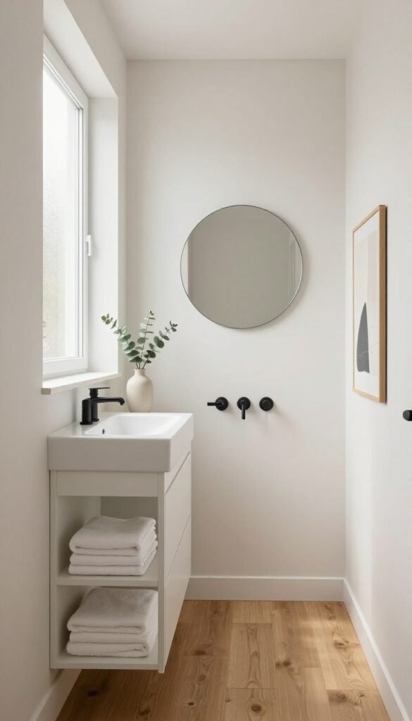 Bright small long bathroom with a functional wall on one side featuring a floating vanity, tall cabinet, and stacked towels, while the opposite wall stays calm with a mirror and simple art.