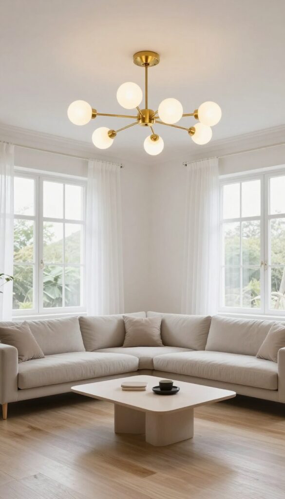 Bright modern living room with a brass Sputnik chandelier with glowing globe bulbs above a simple sofa and minimal coffee table, natural light, clean white walls.