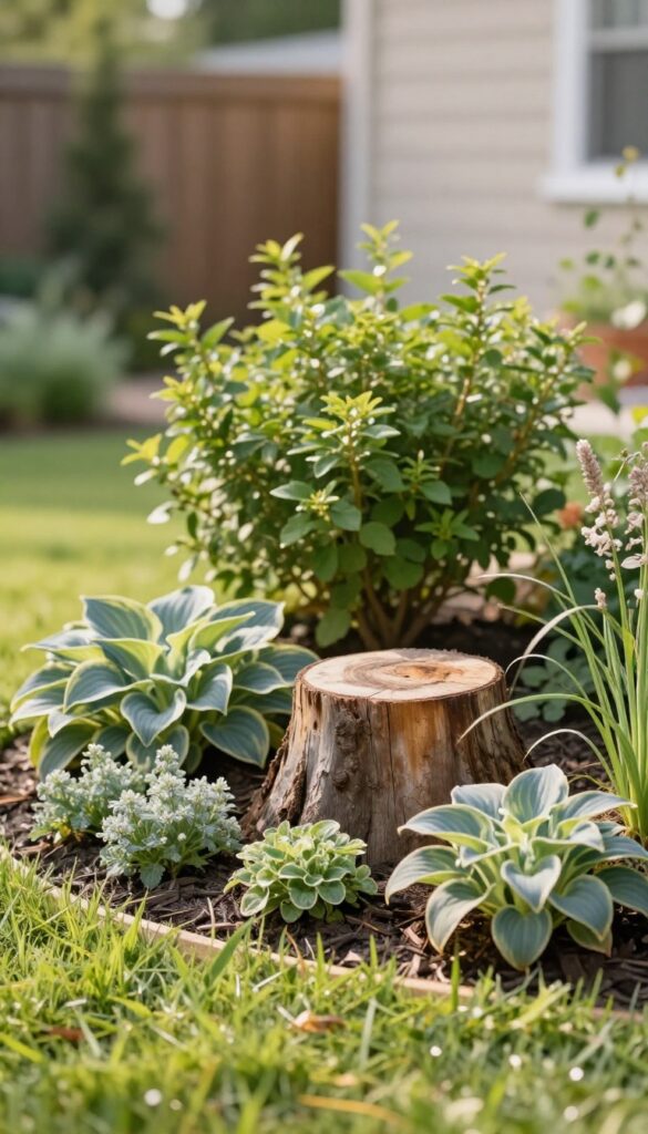 A rounded tree stump anchors the corner of a mulched front yard flower bed, blending the garden border into the lawn with low plants and bright natural light.