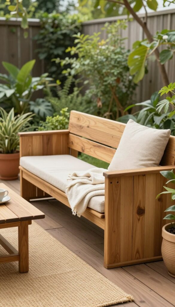 Cozy backyard deck with a wooden storage bench holding folded cushions and a blanket beside outdoor seating and potted plants