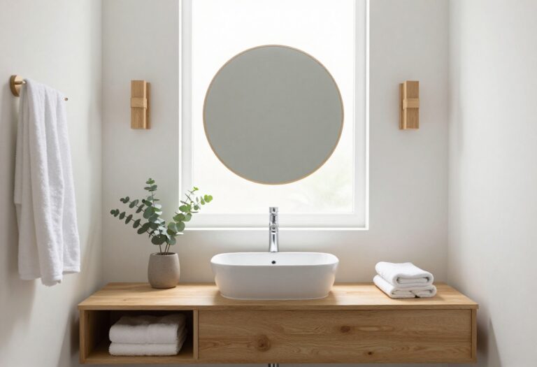 Bright square bathroom with a centered wood vanity, round mirror, matching sconces, and open shelving styled with towels and a small plant