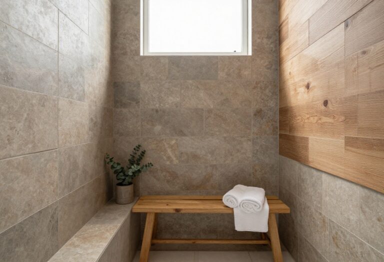 Rustic shower with textured natural stone tile walls, a wood-look tile accent, and warm natural light