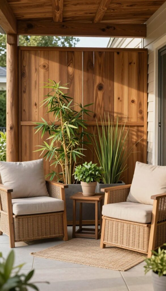 Cozy front yard seating area with a warm wood slat privacy screen, two cushioned chairs, a small outdoor rug, and tall planters with bamboo and grasses in bright natural light