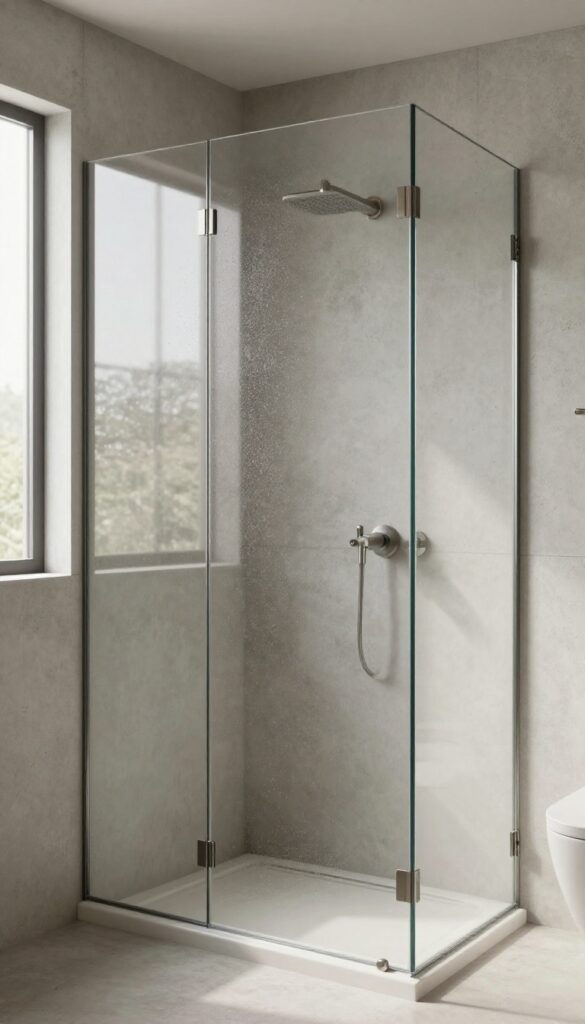 Modern bathroom shower with a raw concrete wall and a frameless clear glass partition in bright natural light