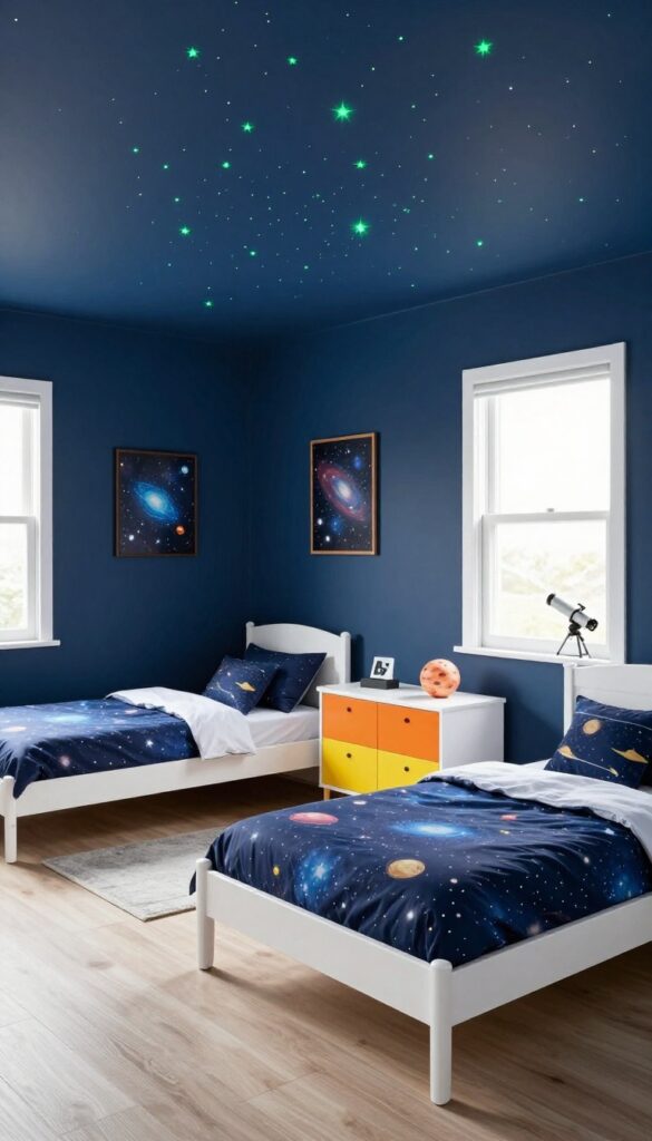 Bright space-themed boys bedroom with a deep navy accent wall, glowing ceiling stars, white furniture, and galaxy bedding