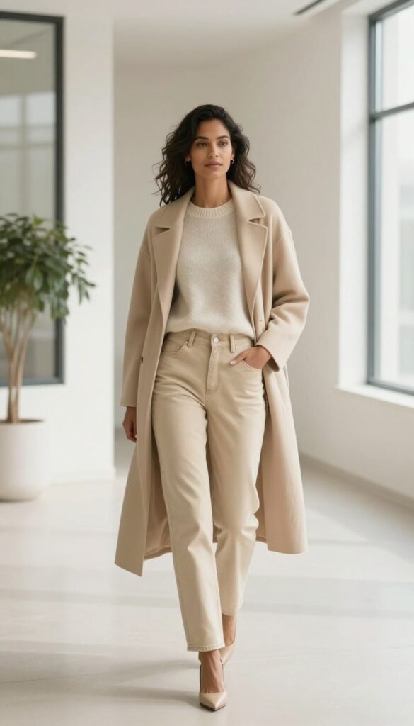 Woman in a monochrome beige outfit with jeans, cream knit sweater, and camel coat standing in a bright office hallway, showing a polished casual work look.