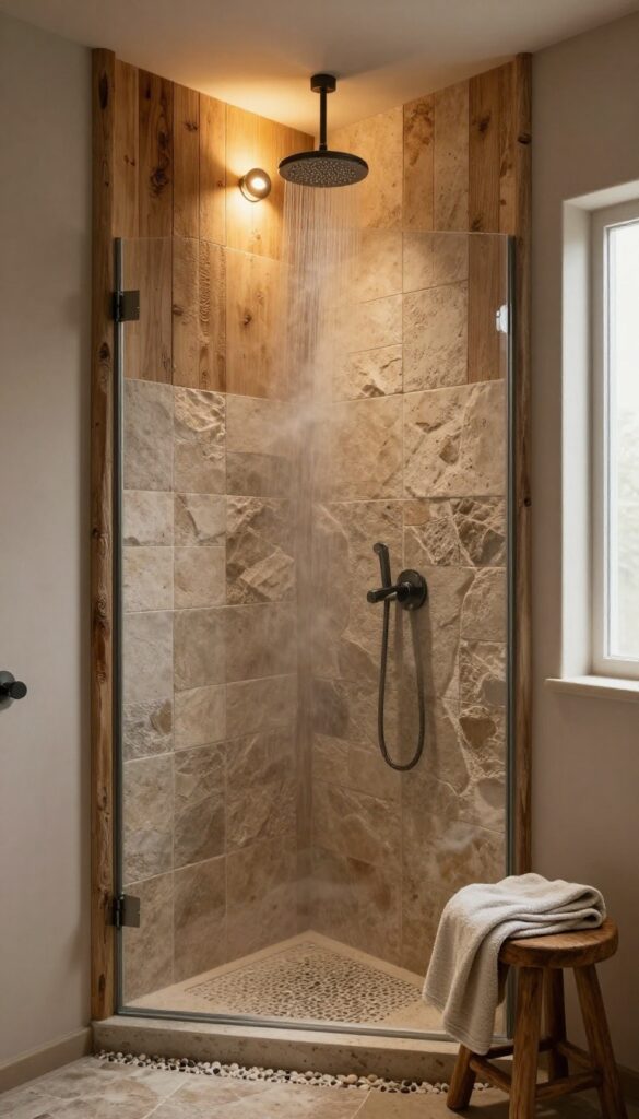 Rustic walk-in shower with reclaimed wood walls and stone tile glowing in soft warm indirect lighting, creating a calm cozy atmosphere