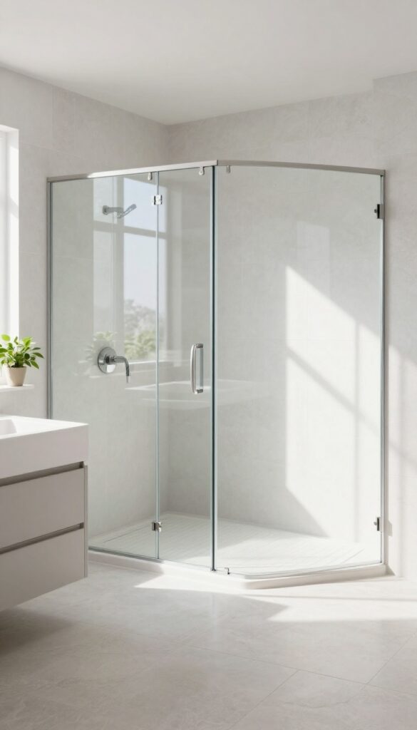 Bright modern bathroom with a stand-up shower enclosed by clear sliding glass doors with thin metal frames, showing open floor space and natural light