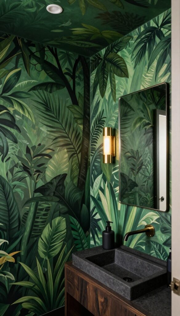 Dramatic powder room with a moody jungle mural in deep greens and blacks, brass sconce, thin-framed mirror, and matte black accessories.