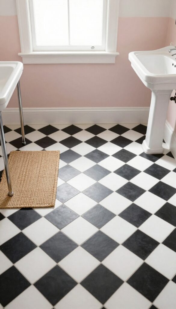 Bright vintage bathroom with a classic black-and-white checkerboard tile floor in small squares, pastel walls, and a retro pedestal sink, photographed in natural light